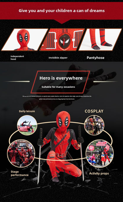 Disfraz de Deadpool para Halloween: mono ajustado para niños, mochila con doble cuchillo para adultos, traje para niños.