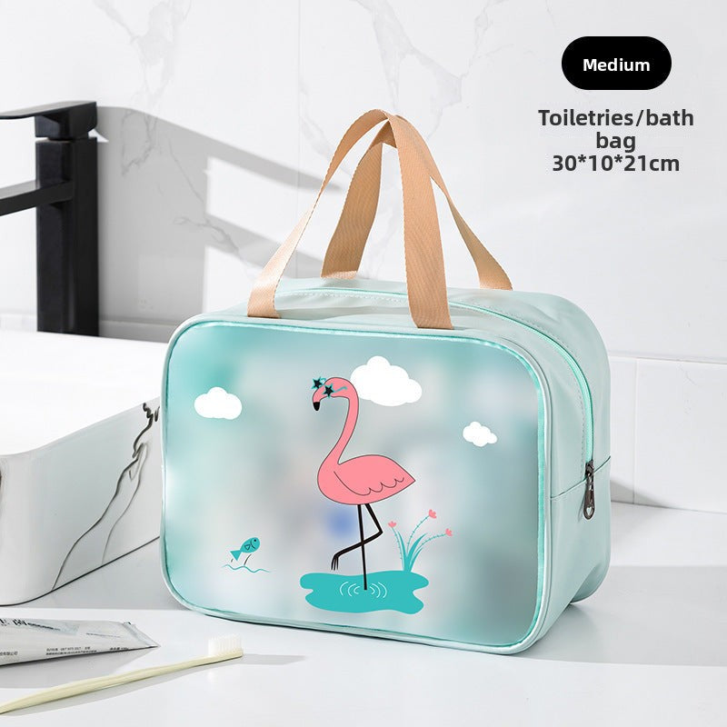 Transparent toiletries bag with a flamingo design on a white surface