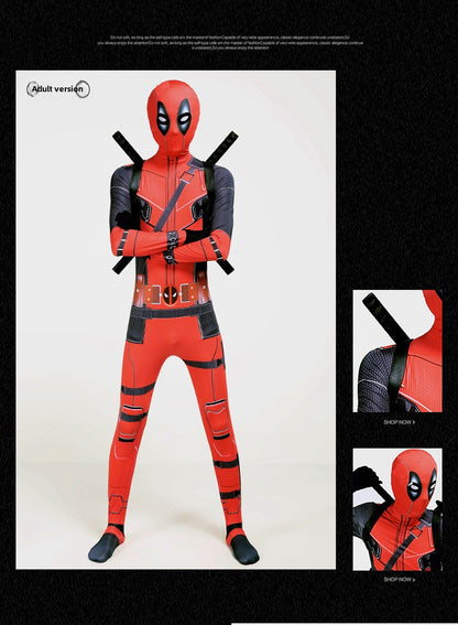 Disfraz de Deadpool para Halloween: mono ajustado para niños, mochila con doble cuchillo para adultos, traje para niños.