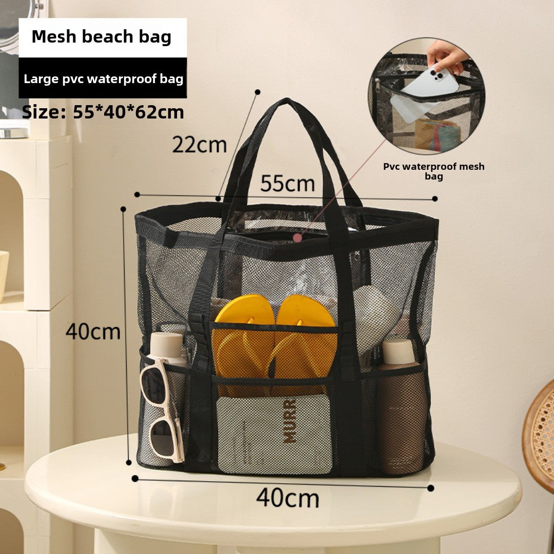 Mesh Shower Tote Bag, Portable Beach Bag, Summer Travel Large Capacity Portable Mesh Tote Bag, Foldable Wash and Makeup bag large