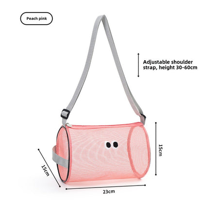Big eye mesh cylinder bag, breathable leisure travel crossbody bag mesh, portable crossbody beach bag, swimming wash storage bag