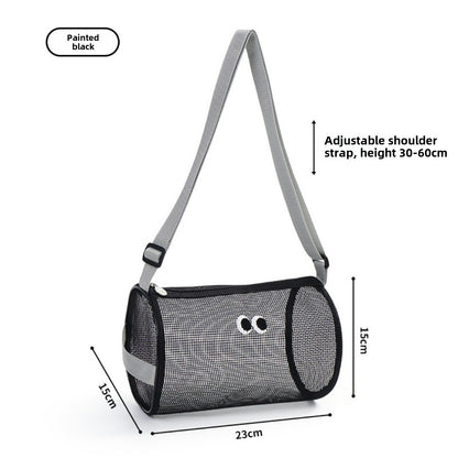 Big eye mesh cylinder bag, breathable leisure travel crossbody bag mesh, portable crossbody beach bag, swimming wash storage bag