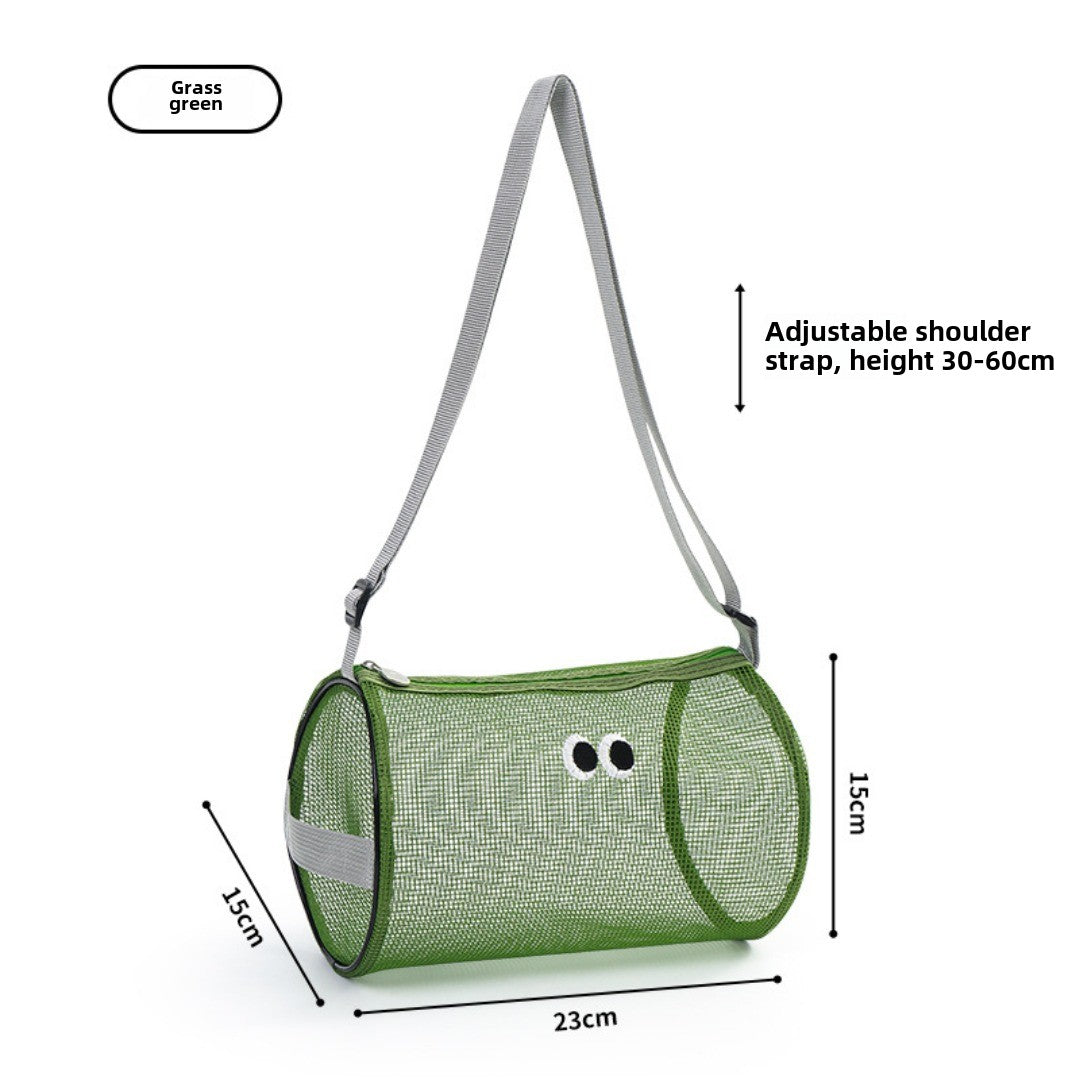 Big eye mesh cylinder bag, breathable leisure travel crossbody bag mesh, portable crossbody beach bag, swimming wash storage bag