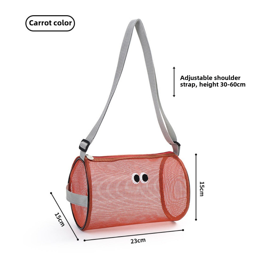 Big eye mesh cylinder bag, breathable leisure travel crossbody bag mesh, portable crossbody beach bag, swimming wash storage bag