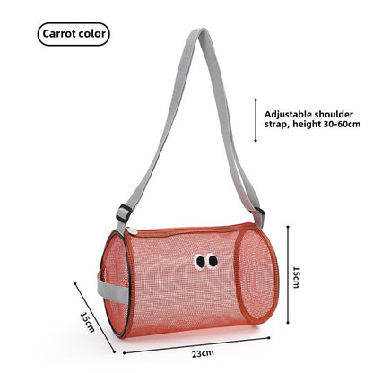 Big eye mesh cylinder bag, breathable leisure travel crossbody bag mesh, portable crossbody beach bag, swimming wash storage bag