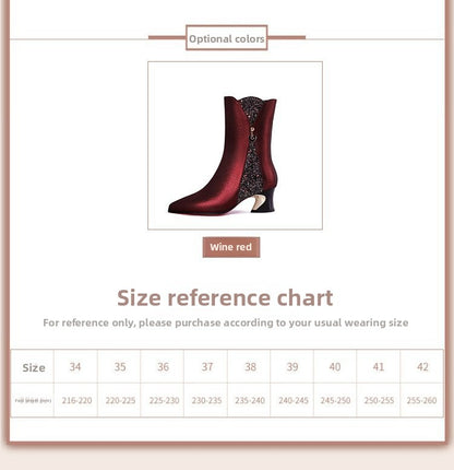 Leather Coarse Heel Pointed Short Boots Women's Middle Heel Burgundy Splicing Soft Leather Women's Boots Large Size Women's Shoes
