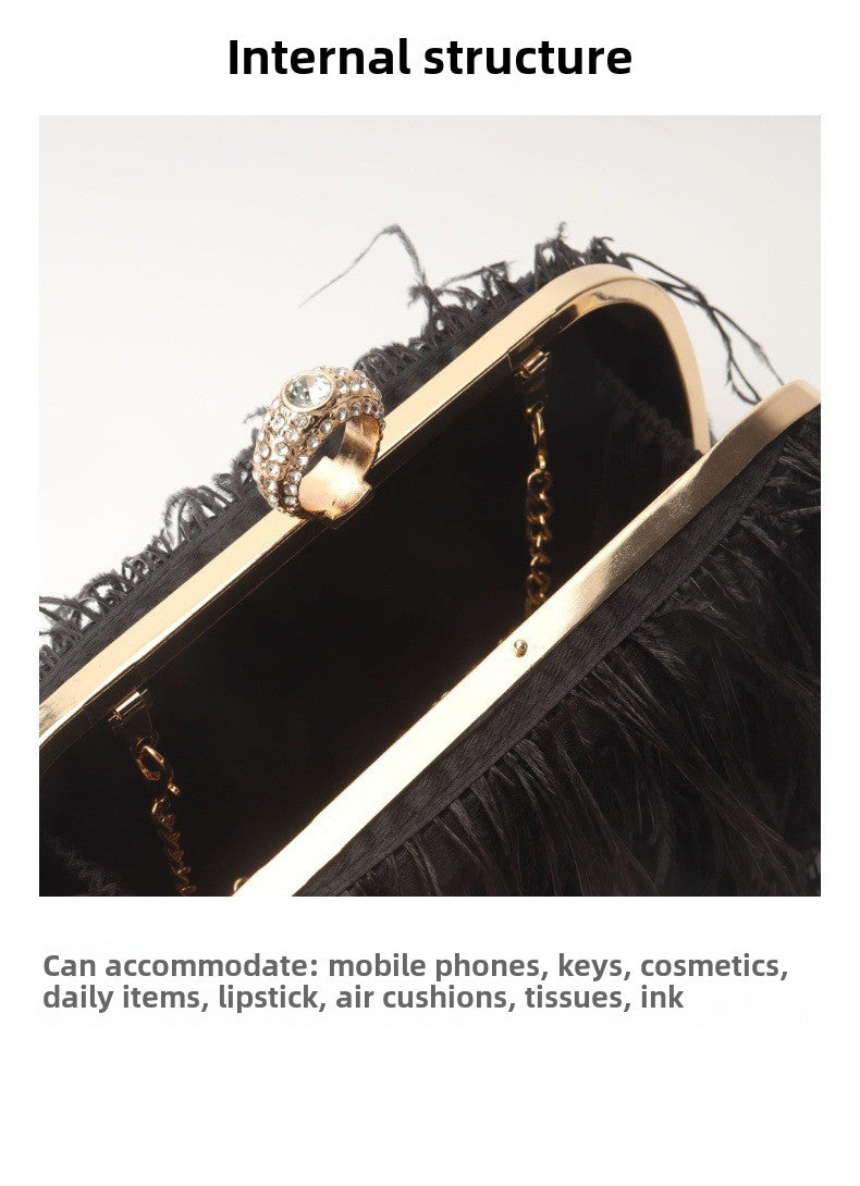 Elegante caja para anillos de pelo de avestruz – Bolso pequeño cuadrado con cadena, bandolera, bolso de mano de terciopelo para la noche, perfecto para cenas, salidas informales, fiestas y eventos nocturnos. 