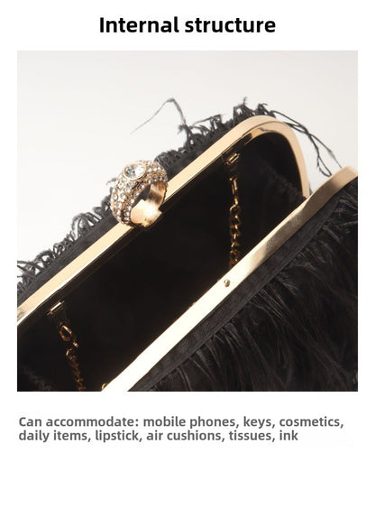 Elegante caja para anillos de pelo de avestruz – Bolso pequeño cuadrado con cadena, bandolera, bolso de mano de terciopelo para la noche, perfecto para cenas, salidas informales, fiestas y eventos nocturnos. 