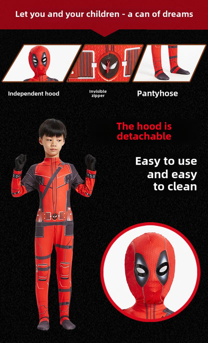 Disfraz de Deadpool para Halloween: mono ajustado para niños, mochila con doble cuchillo para adultos, traje para niños.