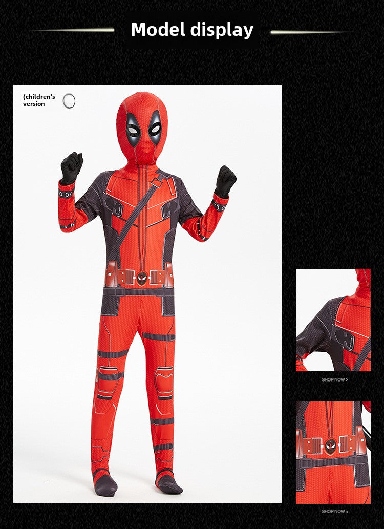 Disfraz de Deadpool para Halloween: mono ajustado para niños, mochila con doble cuchillo para adultos, traje para niños.