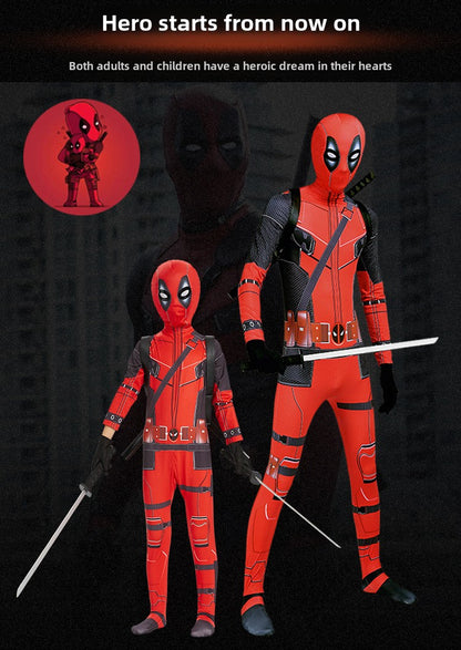Disfraz de Deadpool para Halloween: mono ajustado para niños, mochila con doble cuchillo para adultos, traje para niños.