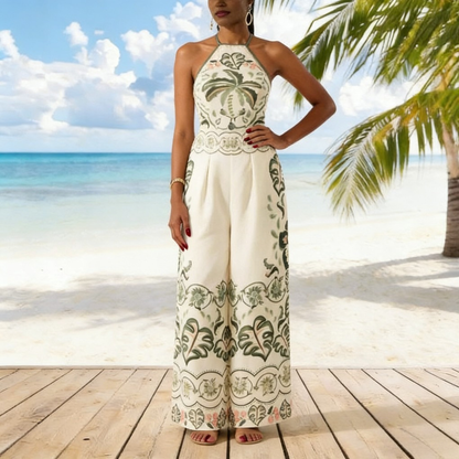 Trendy Sexy Printed Halter Wide-Leg Jumpsuit