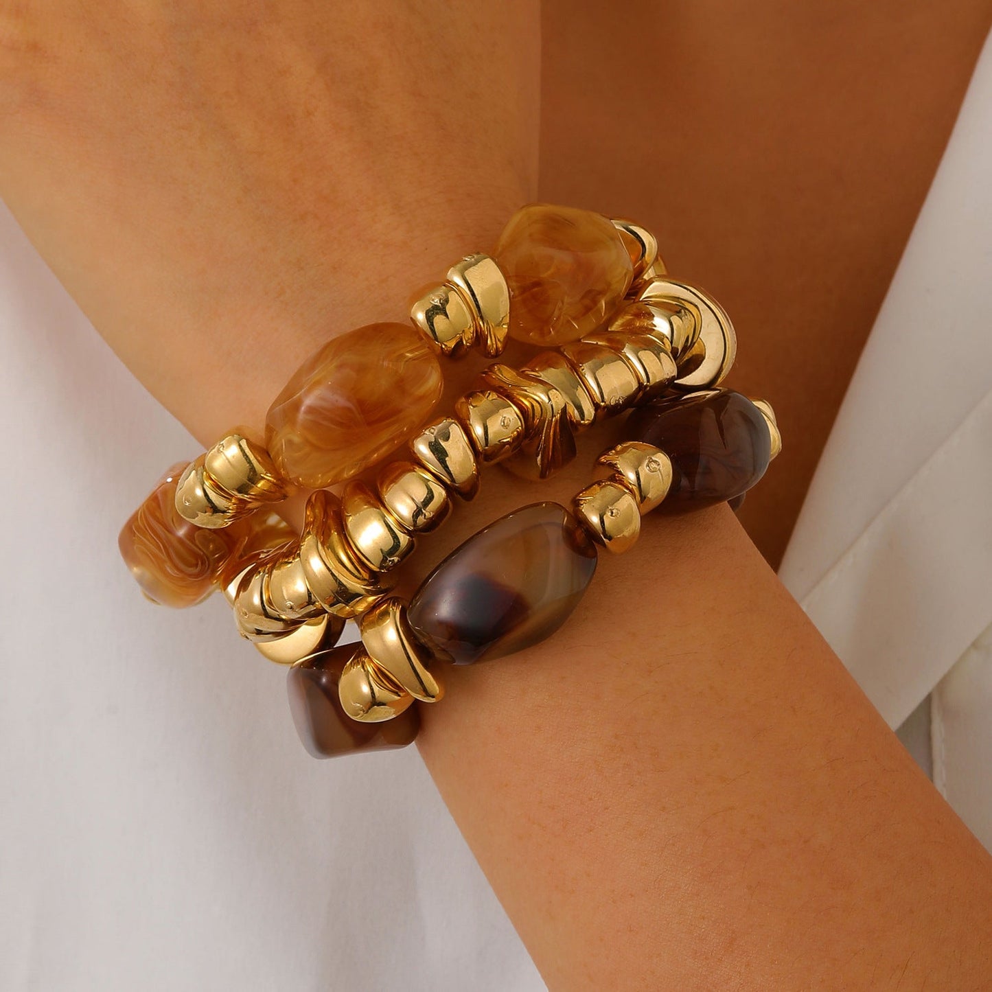 Vintage Irregular Resin Silver Chip Bracelet Set