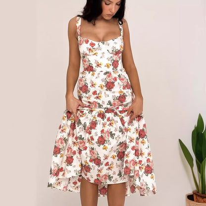Sweet and spicy wind suspender solid color A pendulum floral dress women -dropshippingabc.com