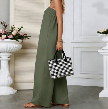 Casual Strapless Solid Color Wide-Leg Jumpsuit