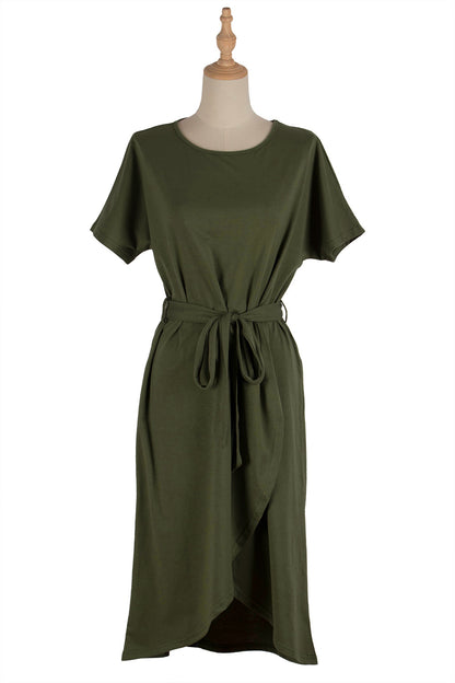 Vestido midi de manga corta, cuello redondo y corte irregular con vendaje liso para mujer 