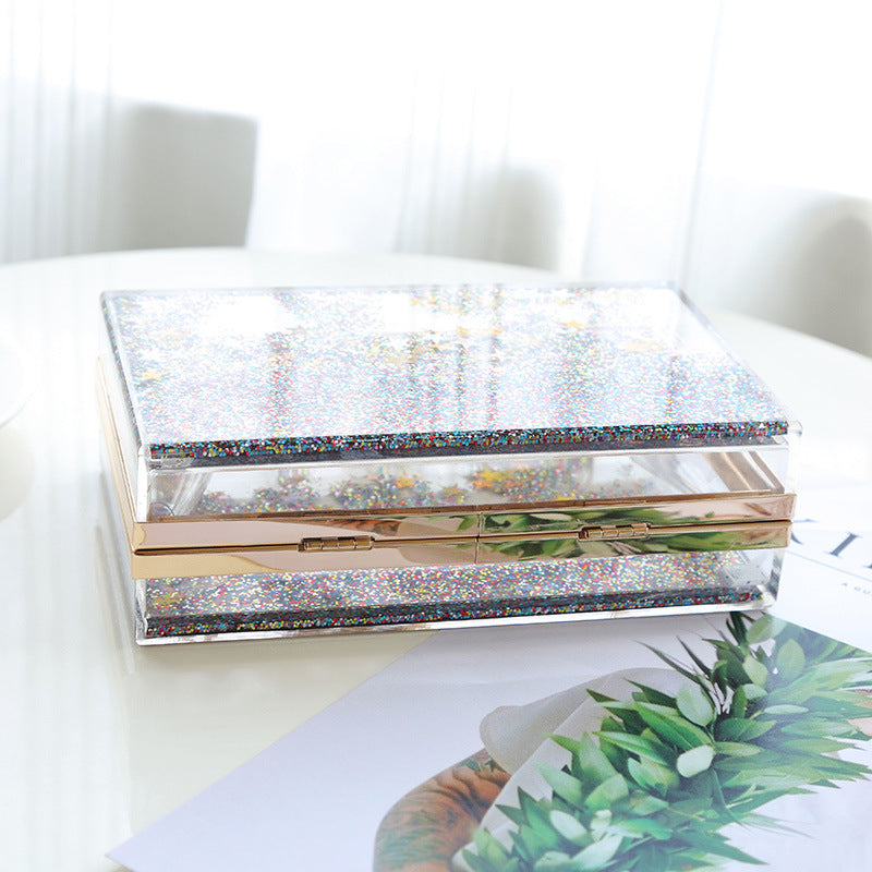 Bolso de mano tipo clutch con cadena y lentejuelas transparentes para mujer, ideal para fiestas y eventos.