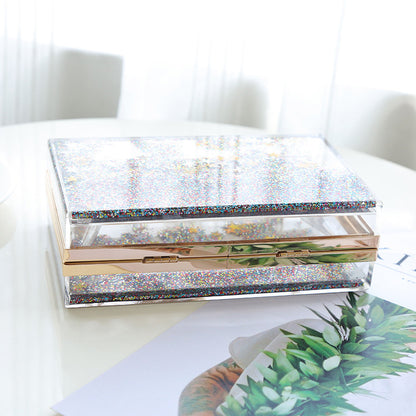 Bolso de mano tipo clutch con cadena y lentejuelas transparentes para mujer, ideal para fiestas y eventos.