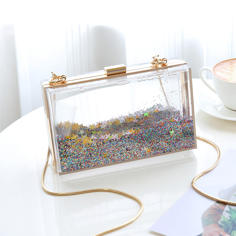 Bolso de mano tipo clutch con cadena y lentejuelas transparentes para mujer, ideal para fiestas y eventos.