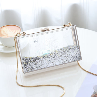Bolso de mano tipo clutch con cadena y lentejuelas transparentes para mujer, ideal para fiestas y eventos.