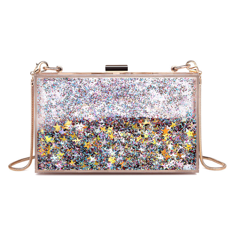 Bolso de mano tipo clutch con cadena y lentejuelas transparentes para mujer, ideal para fiestas y eventos.