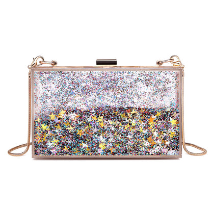 Bolso de mano tipo clutch con cadena y lentejuelas transparentes para mujer, ideal para fiestas y eventos.