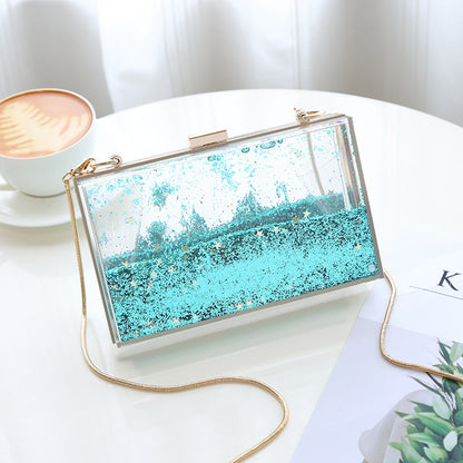 Bolso de mano tipo clutch con cadena y lentejuelas transparentes para mujer, ideal para fiestas y eventos.