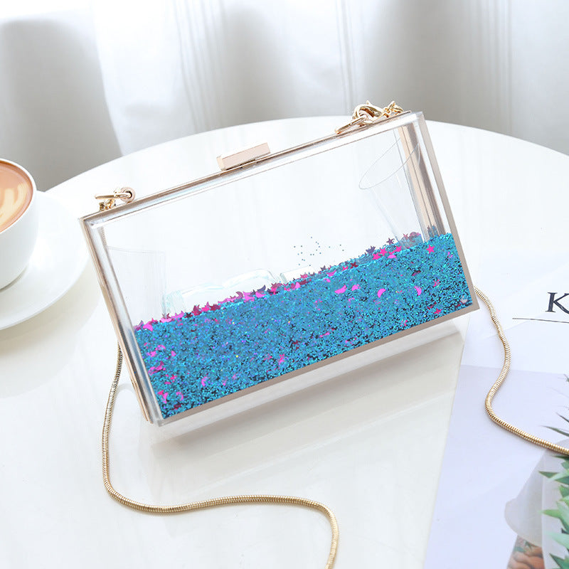 Bolso de mano tipo clutch con cadena y lentejuelas transparentes para mujer, ideal para fiestas y eventos.
