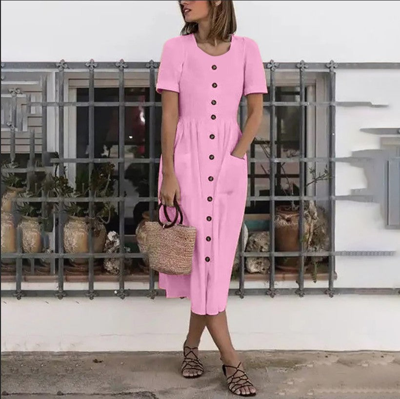 Vestido largo de verano para mujer, de manga corta, con cuello redondo, botones y bolsillo, modelo DR08210503