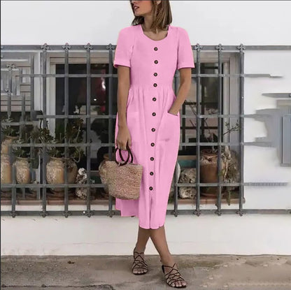 Vestido largo de verano para mujer, de manga corta, con cuello redondo, botones y bolsillo, modelo DR08210503