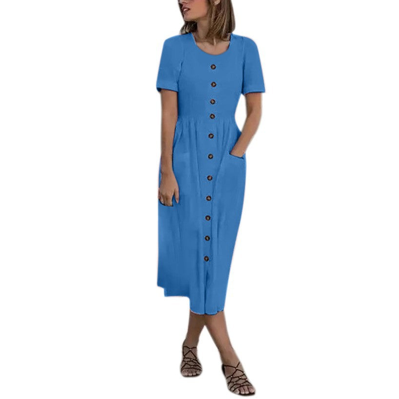 Vestido largo de verano para mujer, de manga corta, con cuello redondo, botones y bolsillo, modelo DR08210503