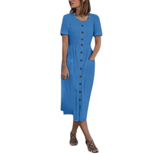 Vestido largo de verano para mujer, de manga corta, con cuello redondo, botones y bolsillo, modelo DR08210503
