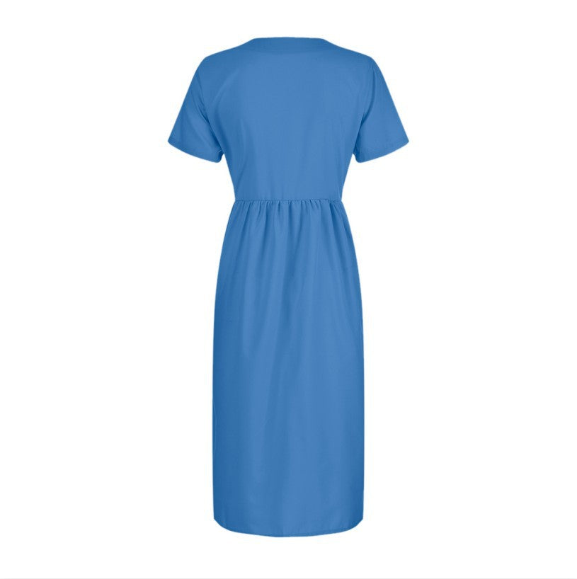 Vestido largo de verano para mujer, de manga corta, con cuello redondo, botones y bolsillo, modelo DR08210503