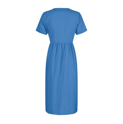 Vestido largo de verano para mujer, de manga corta, con cuello redondo, botones y bolsillo, modelo DR08210503