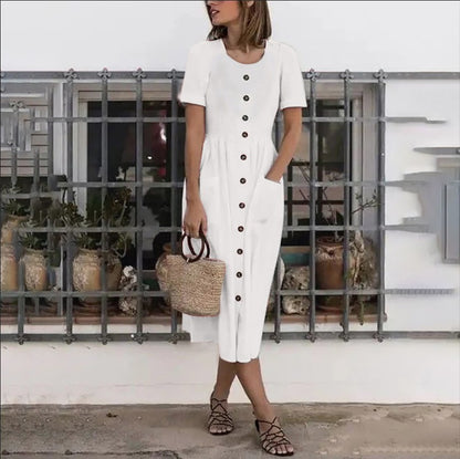 Vestido largo de verano para mujer, de manga corta, con cuello redondo, botones y bolsillo, modelo DR08210503