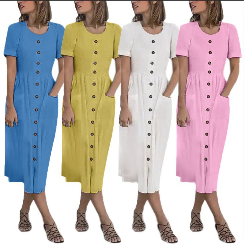 Vestido largo de verano para mujer, de manga corta, con cuello redondo, botones y bolsillo, modelo DR08210503