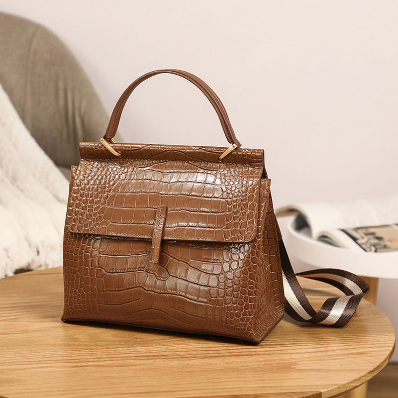 Bolso bandolera de piel auténtica de gran capacidad, estilo cocodrilo, modelo 7387.