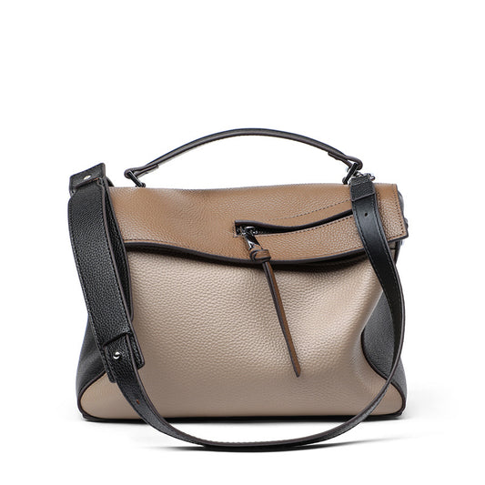 Bolso de piel auténtica para mujer, bolso de hombro de gran capacidad con estampado de color contrastante.
