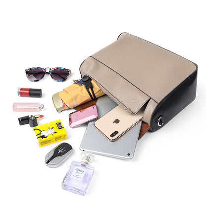 Bolso de piel auténtica para mujer, bolso de hombro de gran capacidad con estampado de color contrastante.