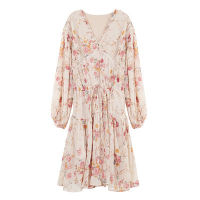 Vestido corto informal de fiesta con estampado floral bohemio de gasa y escote en V para mujer