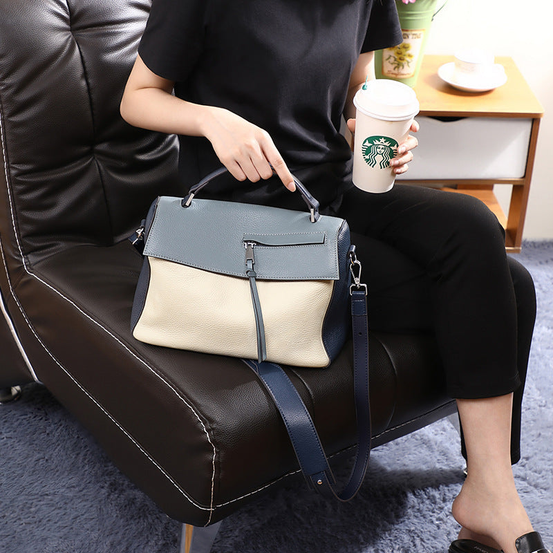Bolso de piel auténtica para mujer, bolso de hombro de gran capacidad con estampado de color contrastante.