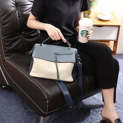 Bolso de piel auténtica para mujer, bolso de hombro de gran capacidad con estampado de color contrastante.
