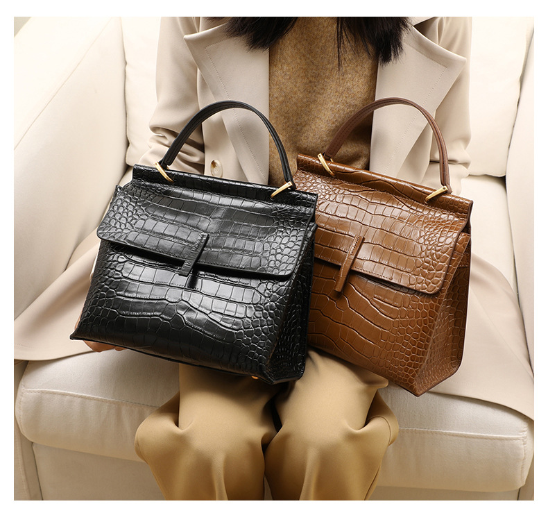 Bolso bandolera de piel auténtica de gran capacidad, estilo cocodrilo, modelo 7387.