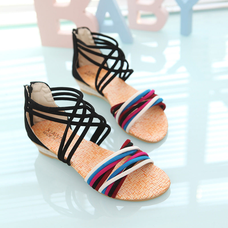 Bohemian Wedge Sandals - Women's Low-heel Open Toe with Back Zipper