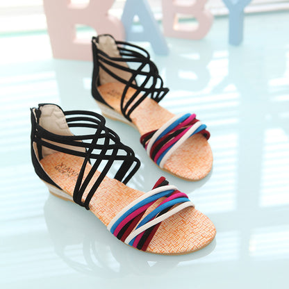 Bohemian Wedge Sandals - Women's Low-heel Open Toe with Back Zipper