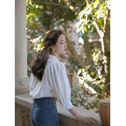 Retro V-neck shirt for female temperament Puff Sleeve Blouse Tops